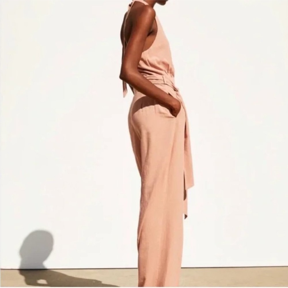 NWT Zara Mauve Viscose Linen Blend Wide Leg Sleeveless Halter Jumpsuit Pockets L - Picture 3 of 12